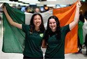 10 April 2024; Republic of Ireland's Aoife Turner, left, and Sophie Morrin on the team's arrival at Dublin Airport from Croatia where the Republic of Ireland Women's U19 squad qualified for July's UEFA Women's U19 European Championships to be held in Lithuania. Photo by Stephen McCarthy/Sportsfile