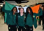 10 April 2024; Republic of Ireland players, from left, Eve Dossen, Kate Thompson and Rola Olusola, all from the Galway United club, on the team's arrival at Dublin Airport from Croatia where the Republic of Ireland Women's U19 squad qualified for July's UEFA Women's U19 European Championships to be held in Lithuania. Photo by Stephen McCarthy/Sportsfile