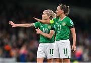 9 April 2024; Denise O'Sullivan, left, and Katie McCabe of Republic of Ireland during the UEFA Women's European Championship qualifying group A match between Republic of Ireland and England at Aviva Stadium in Dublin. Photo by Ben McShane/Sportsfile