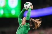 9 April 2024; Megan Campbell of Republic of Ireland prepares to take a throw-in during the UEFA Women's European Championship qualifying group A match between Republic of Ireland and England at Aviva Stadium in Dublin. Photo by Ben McShane/Sportsfile