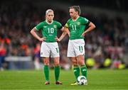 9 April 2024; Denise O'Sullivan, left, and Katie McCabe of Republic of Ireland during the UEFA Women's European Championship qualifying group A match between Republic of Ireland and England at Aviva Stadium in Dublin. Photo by Ben McShane/Sportsfile