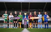 11 April 2024; Players, from left, Shauna Fox of Shamrock Rovers, Orlaith O'Mahony of Cork City, Jesi Rossman of Athlone Town, Ciara Maher of Peamount United, Jenna Slattery of Galway United, Ciara Smith of Bohemians, Eve Conheady of DLR Waves and Erin van Dolder of Treaty United during the TG4 launch of Live Games for 2024 SSE Airtricity Women's Premier Division at Athlone Town Stadium in Westmeath. Photo by Ben McShane/Sportsfile