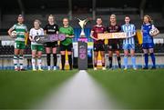 11 April 2024; Players, from left, Shauna Fox of Shamrock Rovers, Orlaith O'Mahony of Cork City, Jesi Rossman of Athlone Town, Ciara Maher of Peamount United, Jenna Slattery of Galway United, Ciara Smith of Bohemians, Eve Conheady of DLR Waves and Erin van Dolder of Treaty United during the TG4 launch of Live Games for 2024 SSE Airtricity Women's Premier Division at Athlone Town Stadium in Westmeath. Photo by Ben McShane/Sportsfile