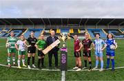 11 April 2024; TG4 Head of Sport Rónán ó Coisdealbha, centre, with players, from left, Shauna Fox of Shamrock Rovers, Orlaith O'Mahony of Cork City, Jesi Rossman of Athlone Town, Ciara Maher of Peamount United, Jenna Slattery of Galway United, Ciara Smith of Bohemians, Eve Conheady of DLR Waves and Erin van Dolder of Treaty United during the TG4 launch of Live Games for 2024 SSE Airtricity Women's Premier Division at Athlone Town Stadium in Westmeath. Photo by Ben McShane/Sportsfile