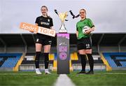 11 April 2024; Jesi Rossman of Athlone Town, left, and Ciara Maher of Peamount United during the TG4 launch of Live Games for 2024 SSE Airtricity Women's Premier Division at Athlone Town Stadium in Westmeath. Photo by Ben McShane/Sportsfile