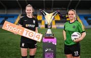 11 April 2024; Jesi Rossman of Athlone Town, left, and Ciara Maher of Peamount United during the TG4 launch of Live Games for 2024 SSE Airtricity Women's Premier Division at Athlone Town Stadium in Westmeath. Photo by Ben McShane/Sportsfile