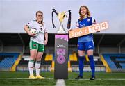 11 April 2024; Orlaith O'Mahony of Cork City, left, and Erin van Dolder of Treaty United during the TG4 launch of Live Games for 2024 SSE Airtricity Women's Premier Division at Athlone Town Stadium in Westmeath. Photo by Ben McShane/Sportsfile
