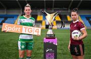 11 April 2024; Shauna Fox of Shamrock Rovers, left, and Jenna Slattery of Galway during the TG4 launch of Live Games for 2024 SSE Airtricity Women's Premier Division at Athlone Town Stadium in Westmeath. Photo by Ben McShane/Sportsfile