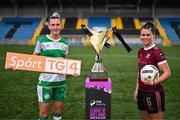 11 April 2024; Shauna Fox of Shamrock Rovers, left, and Jenna Slattery of Galway during the TG4 launch of Live Games for 2024 SSE Airtricity Women's Premier Division at Athlone Town Stadium in Westmeath. Photo by Ben McShane/Sportsfile