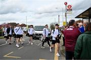 6 April 2024; Galway captain Sean Kelly leads his side as they arrive before the Connacht GAA Football Senior Championship quarter-final match between London and Galway at McGovern Park in Ruislip, England. Photo by Brendan Moran/Sportsfile