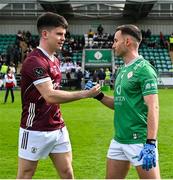 6 April 2024; Team captains Eoin Walsh of London, right, and Sean Kelly of Galway, both from Moycullen in Galway, before the Connacht GAA Football Senior Championship quarter-final match between London and Galway at McGovern Park in Ruislip, England. Photo by Brendan Moran/Sportsfile