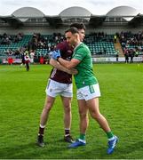 6 April 2024; Team captains Eoin Walsh of London, left, and Sean Kelly of Galway, both from Moycullen in Galway, before the Connacht GAA Football Senior Championship quarter-final match between London and Galway at McGovern Park in Ruislip, England. Photo by Brendan Moran/Sportsfile