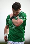 6 April 2024; Nathan McElwaine of London sustains an injury during the Connacht GAA Football Senior Championship quarter-final match between London and Galway at McGovern Park in Ruislip, England. Photo by Brendan Moran/Sportsfile