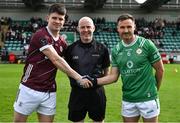 6 April 2024; Team captains Sean Kelly of Galway, left, and Eoin Walsh of London, both from Moycullen in Galway, shake hands in the company of referee Liam Devenney before the Connacht GAA Football Senior Championship quarter-final match between London and Galway at McGovern Park in Ruislip, England. Photo by Brendan Moran/Sportsfile Photo by Brendan Moran/Sportsfile