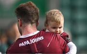 6 April 2024; Paul Conroy of Galway with his son Páidí after the Connacht GAA Football Senior Championship quarter-final match between London and Galway at McGovern Park in Ruislip, England. Photo by Brendan Moran/Sportsfile