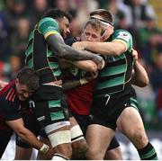 7 April 2024; Mike Haley of Munster .itb Courtney Lawes and Hill of Northampton Saints during the Investec Champions Cup Round of 16 match between Northampton Saints and Munster at cinch Stadium at Franklin’s Gardens in Northampton, England. Photo by Brendan Moran/Sportsfile