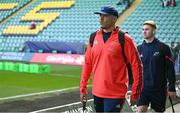 7 April 2024; Simon Zebo, left, and Jack Crowley of Munster arrive before the Investec Champions Cup Round of 16 match between Northampton Saints and Munster at cinch Stadium at Franklin’s Gardens in Northampton, England. Photo by Brendan Moran/Sportsfile