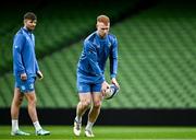 12 April 2024; Ciarán Frawley, right, and Ross Byrne during a Leinster Rugby captain's run at the Aviva Stadium in Dublin. Photo by Harry Murphy/Sportsfile