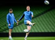 12 April 2024; Ciarán Frawley, right, and Ross Byrne during a Leinster Rugby captain's run at the Aviva Stadium in Dublin. Photo by Harry Murphy/Sportsfile