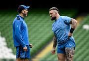 12 April 2024; Backs coach Andrew Goodman speaks with Andrew Porter during a Leinster Rugby captain's run at the Aviva Stadium in Dublin. Photo by Harry Murphy/Sportsfile