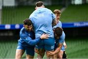 12 April 2024; Hugo Keenan, Andrew Porter and Dan Sheehan during a Leinster Rugby captain's run at the Aviva Stadium in Dublin. Photo by Harry Murphy/Sportsfile
