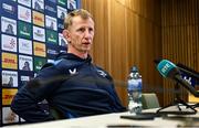 12 April 2024; Head coach Leo Cullen speaks during a Leinster rugby media conference at the Aviva Stadium in Dublin. Photo by Harry Murphy/Sportsfile