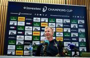 12 April 2024; Head coach Leo Cullen speaks during a Leinster rugby media conference at the Aviva Stadium in Dublin. Photo by Harry Murphy/Sportsfile