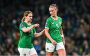 9 April 2024; Aoife Mannion, left, and Caitlin Hayes of Republic of Ireland during the UEFA Women's European Championship qualifying group A match between Republic of Ireland and England at Aviva Stadium in Dublin. Photo by Ramsey Cardy/Sportsfile