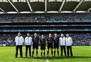 31 March 2024; Referee Conor Lane with his match officials before the Allianz Football League Division 1 Final match between Dublin and Derry at Croke Park in Dublin. Photo by Piaras Ó Mídheach/Sportsfile