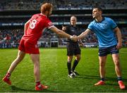 31 March 2024; Referee Conor Lane with team captains Conor Glass of Derry and Con O'Callaghan of Dublin during the Allianz Football League Division 1 Final match between Dublin and Derry at Croke Park in Dublin. Photo by Piaras Ó Mídheach/Sportsfile