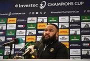 12 April 2024; Uini Atonio during the La Rochelle media conference at the Aviva Stadium in Dublin. Photo by Harry Murphy/Sportsfile