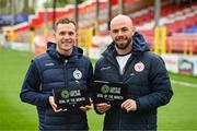 12 April 2024; Shelbourne's Liam Burt, left, and Mark Coyle with their League of Ireland goal of the month awards before the SSE Airtricity Men's Premier Division match between Shelbourne and Bohemians at Tolka Park in Dublin. Photo by Stephen McCarthy/Sportsfile