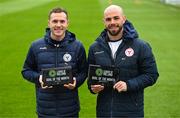 12 April 2024; Shelbourne's Liam Burt, left, and Mark Coyle with their League of Ireland goal of the month awards before the SSE Airtricity Men's Premier Division match between Shelbourne and Bohemians at Tolka Park in Dublin. Photo by Stephen McCarthy/Sportsfile