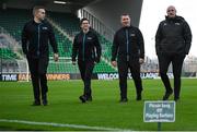 12 April 2024; Match officials, from left, referee Kevin O'Sullivan, assistant referee Michelle O'Neill, fourth official David Dunne, and assistant referee Emmett Dynan before the SSE Airtricity Men's Premier Division match between Shamrock Rovers and Sligo Rovers at Tallaght Stadium in Dublin. Photo by Seb Daly/Sportsfile