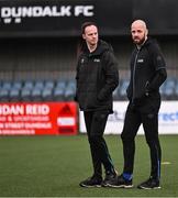 12 April 2024; Referee Gavin Colfer, right, walks the pitch with assistant referee Richard Storey before the SSE Airtricity Men's Premier Division match between Dundalk and St Patrick's Athletic at Oriel Park in Dundalk, Louth. Photo by Piaras Ó Mídheach/Sportsfile