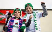 12 April 2024; Cork City supporters Fionn, left, and Luke Haandrikman from Milltown in Cork before the SSE Airtricity Men's First Division match between UCD and Cork City at UCD Bowl in Belfield, Dublin. Photo by Shauna Clinton/Sportsfile