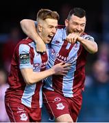 12 April 2024; Warren Davis of Drogheda United, left, celebrates with Ryan Brennan, after scoring their side's first goal during the SSE Airtricity Men's Premier Division match between Drogheda United and Derry City at Weavers Park in Drogheda, Louth. Photo by Ramsey Cardy/Sportsfile