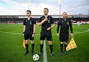 12 April 2024; Referee Paul McLaughlin, centre, with assistant referee Shane O'Brien, left, and assistant referee Brian Fenlon before the SSE Airtricity Men's Premier Division match between Shelbourne and Bohemians at Tolka Park in Dublin. Photo by Stephen McCarthy/Sportsfile