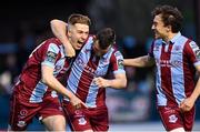 12 April 2024; Warren Davis of Drogheda United, left, celebrates with Ryan Brennan and Darragh Markey, after scoring their side's first goal during the SSE Airtricity Men's Premier Division match between Drogheda United and Derry City at Weavers Park in Drogheda, Louth. Photo by Ramsey Cardy/Sportsfile