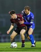 12 April 2024; Edward McCarthy of Galway United in action against Rowan McDonald of Waterford during the SSE Airtricity Men's Premier Division match between Waterford and Galway United at Regional Sports Centre in Waterford. Photo by Michael P Ryan/Sportsfile