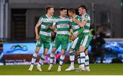 12 April 2024; Graham Burke of Shamrock Rovers, second from right, celebrates with teammates, from left, Markus Poom, Aaron Greene and Josh Honohan after scoring their side's first goal during the SSE Airtricity Men's Premier Division match between Shamrock Rovers and Sligo Rovers at Tallaght Stadium in Dublin. Photo by Seb Daly/Sportsfile