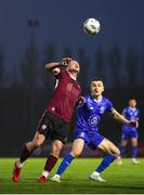 12 April 2024; Stephen Walsh of Galway United in action against Darragh Leahy of Waterford during the SSE Airtricity Men's Premier Division match between Waterford and Galway United at Regional Sports Centre in Waterford. Photo by Michael P Ryan/Sportsfile