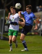 12 April 2024; Cian Bargary of Cork City in action against Adam Wells of UCD during the SSE Airtricity Men's First Division match between UCD and Cork City at UCD Bowl in Belfield, Dublin. Photo by Shauna Clinton/Sportsfile
