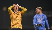 12 April 2024; Mason Melia of St Patrick's Athletic reacts after a missed chance during the SSE Airtricity Men's Premier Division match between Dundalk and St Patrick's Athletic at Oriel Park in Dundalk, Louth. Photo by Piaras Ó Mídheach/Sportsfile