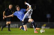 12 April 2024; Jaden Umeh of Cork City is tackled by Ciaran Behan of UCD during the SSE Airtricity Men's First Division match between UCD and Cork City at UCD Bowl in Belfield, Dublin. Photo by Shauna Clinton/Sportsfile