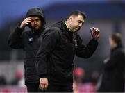 12 April 2024; Dundalk coach Brian Gartland walks away after a conversation with fourth official Robert Harvey, left, during the SSE Airtricity Men's Premier Division match between Dundalk and St Patrick's Athletic at Oriel Park in Dundalk, Louth. Photo by Piaras Ó Mídheach/Sportsfile