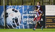 12 April 2024; Frantz Pierrot of Drogheda United celebrates with Darragh Markey, right, after scoring their side's second goal during the SSE Airtricity Men's Premier Division match between Drogheda United and Derry City at Weavers Park in Drogheda, Louth. Photo by Ramsey Cardy/Sportsfile