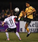 12 April 2024; Romal Palmer of St Patrick's Athletic in action against Ryan O'Kane of Dundalk during the SSE Airtricity Men's Premier Division match between Dundalk and St Patrick's Athletic at Oriel Park in Dundalk, Louth. Photo by Piaras Ó Mídheach/Sportsfile
