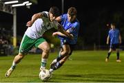 12 April 2024; Josh Fitzpatrick of Cork City in action against Luke O'Regan of UCD during the SSE Airtricity Men's First Division match between UCD and Cork City at UCD Bowl in Belfield, Dublin. Photo by Shauna Clinton/Sportsfile