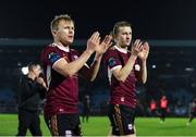 12 April 2024; Galway United players Conor McCormack, left, and David Hurley applaud the supporters after the SSE Airtricity Men's Premier Division match between Waterford and Galway United at Regional Sports Centre in Waterford. Photo by Michael P Ryan/Sportsfile
